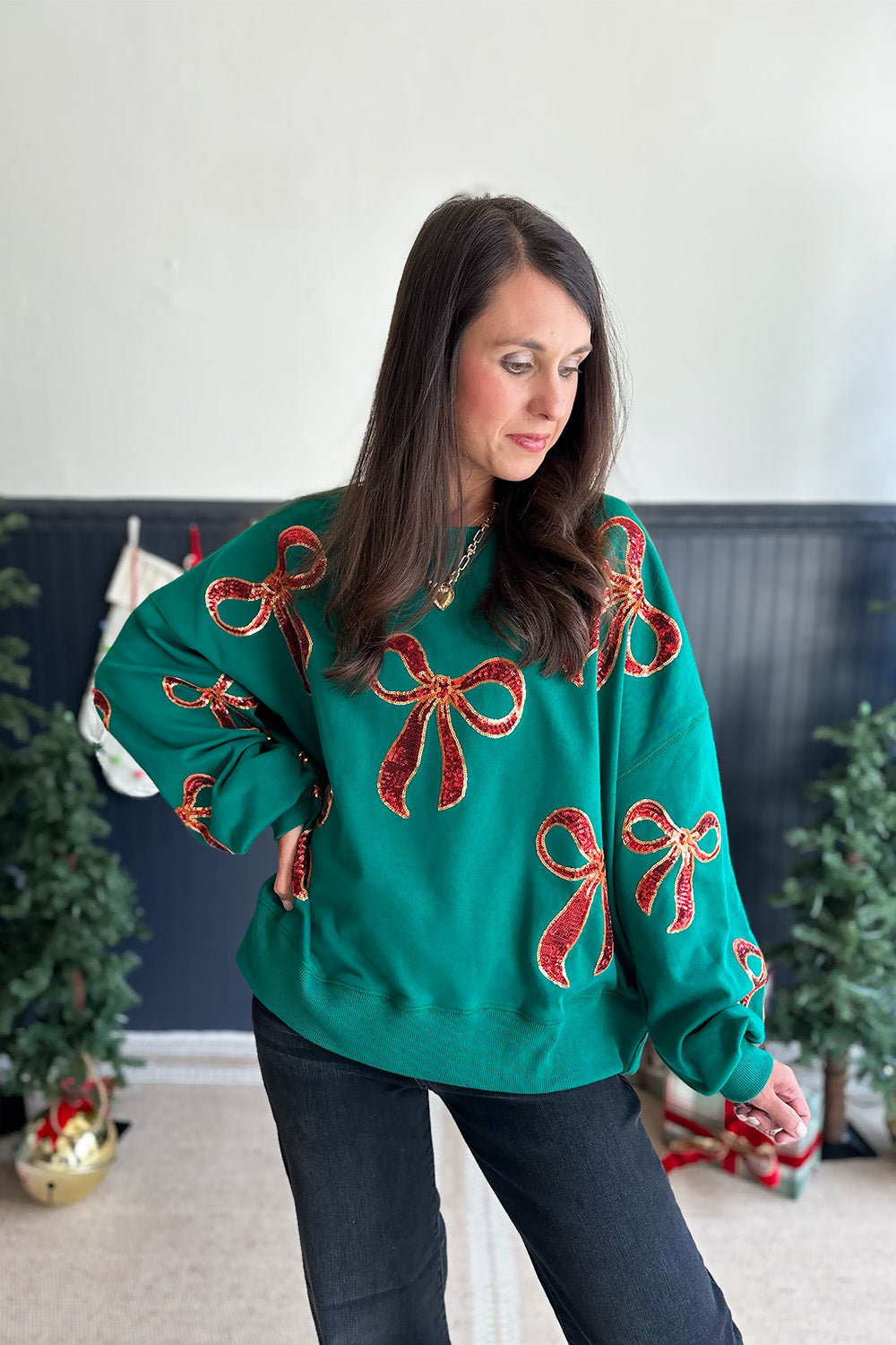 Green Sequin Christmas Bows Sweatshirt