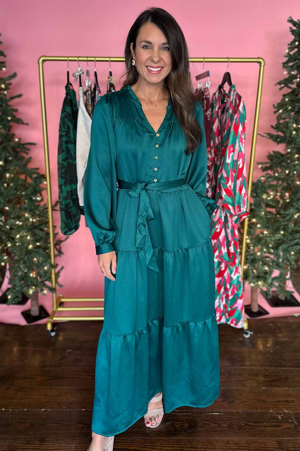 Silky Green LS Midi Dress