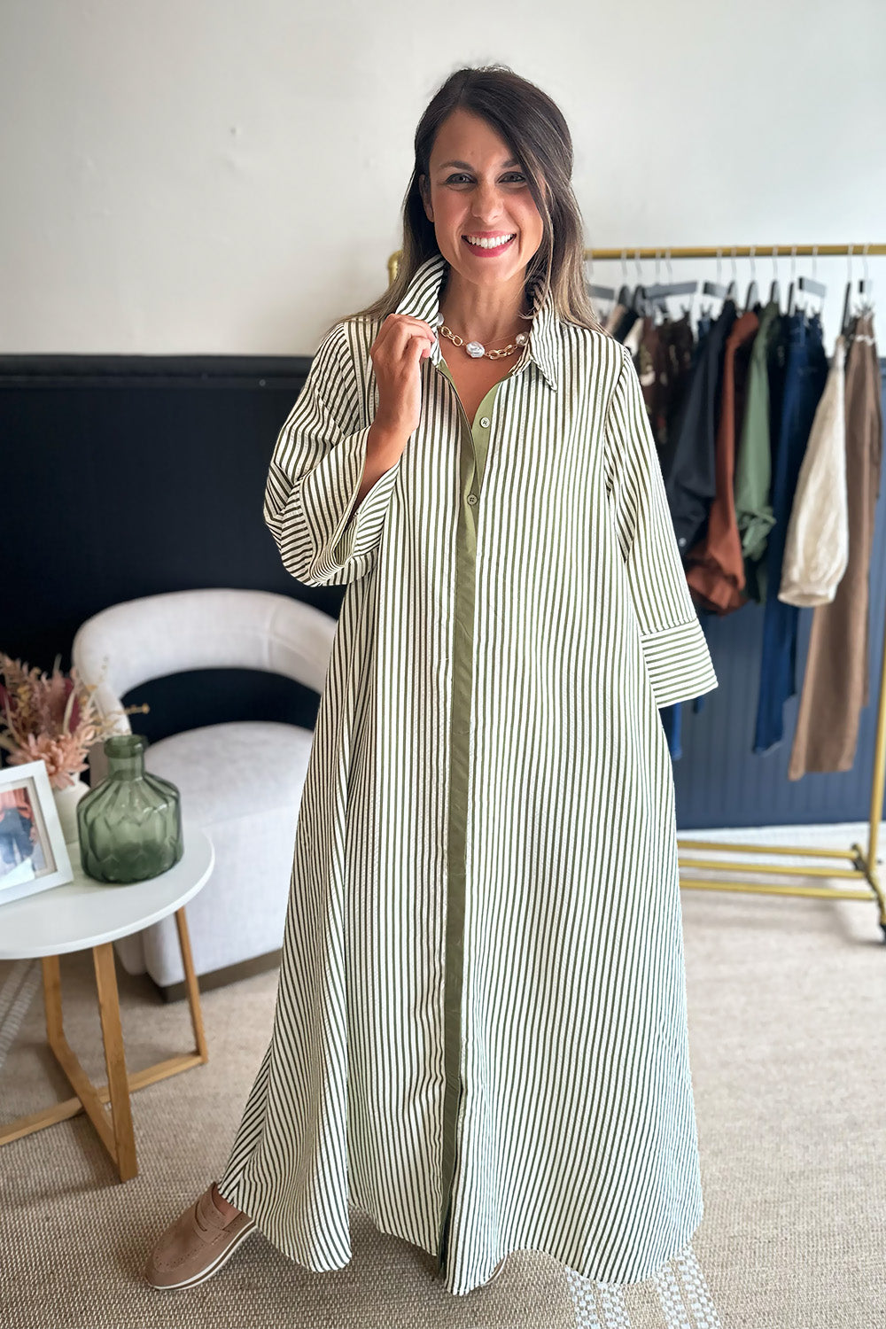 Green Striped Collared Long Dress