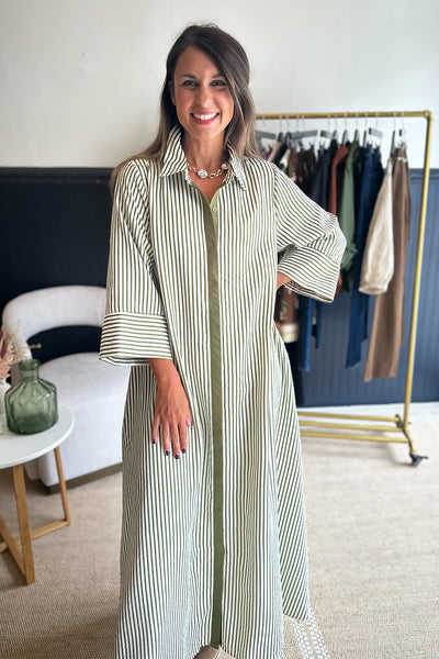 Green Striped Collared Long Dress