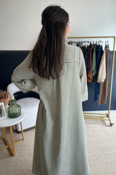 Green Striped Collared Long Dress