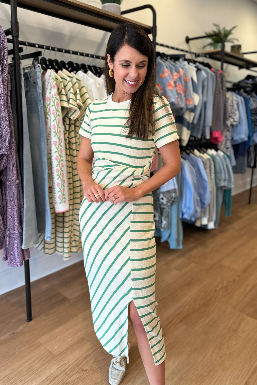 Green Stripe Twist Waist Midi Dress