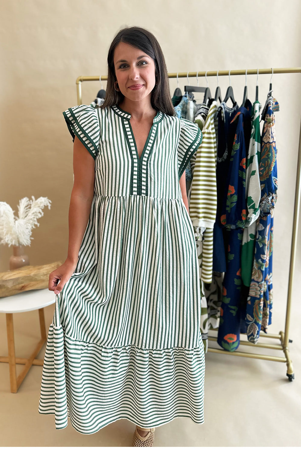 Striped Ruffle Shoulder Midi Green