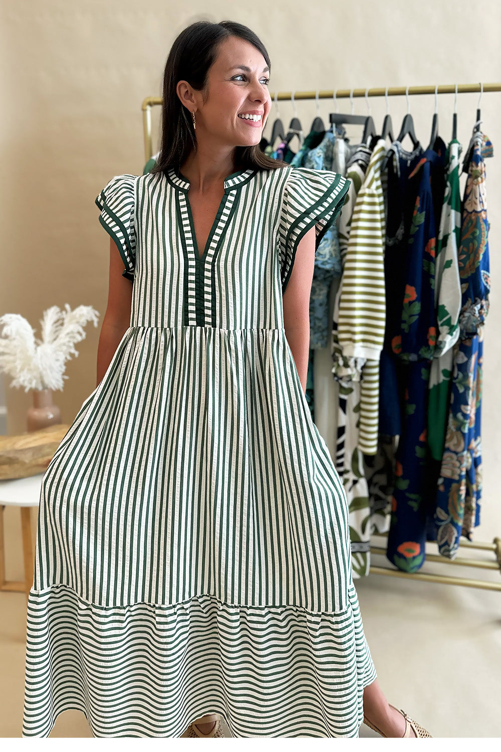Striped Ruffle Shoulder Midi Green