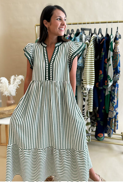 Striped Ruffle Shoulder Midi Green