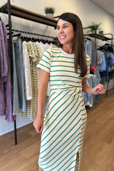 Green Stripe Twist Waist Midi Dress