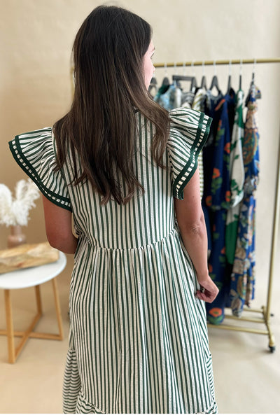 Striped Ruffle Shoulder Midi Green