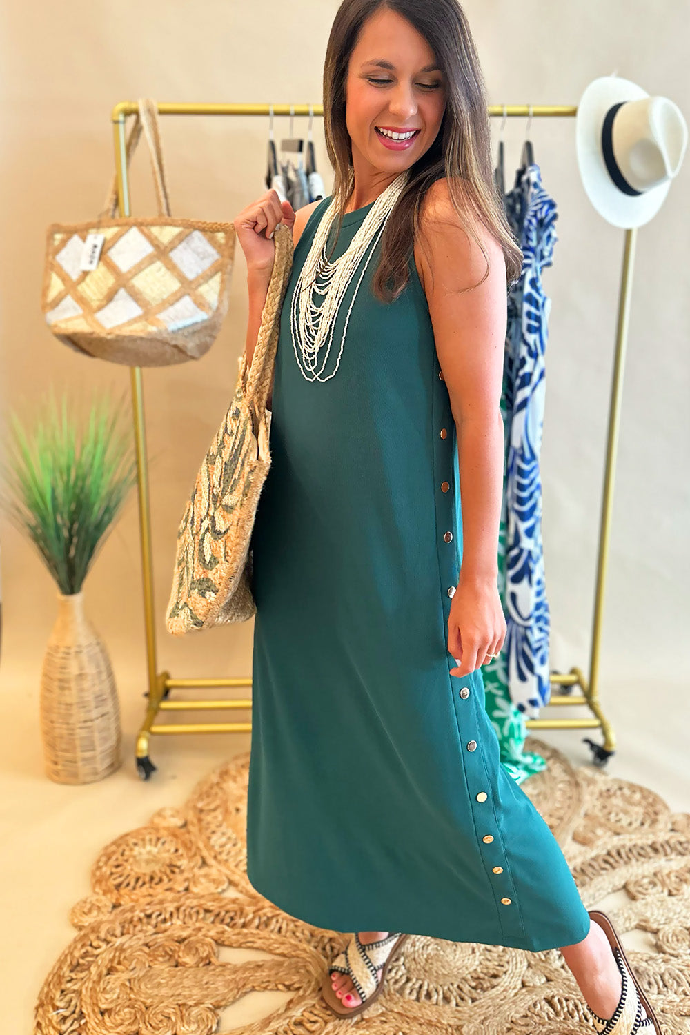 Gold Studded Sleeveless Midi Dress Green