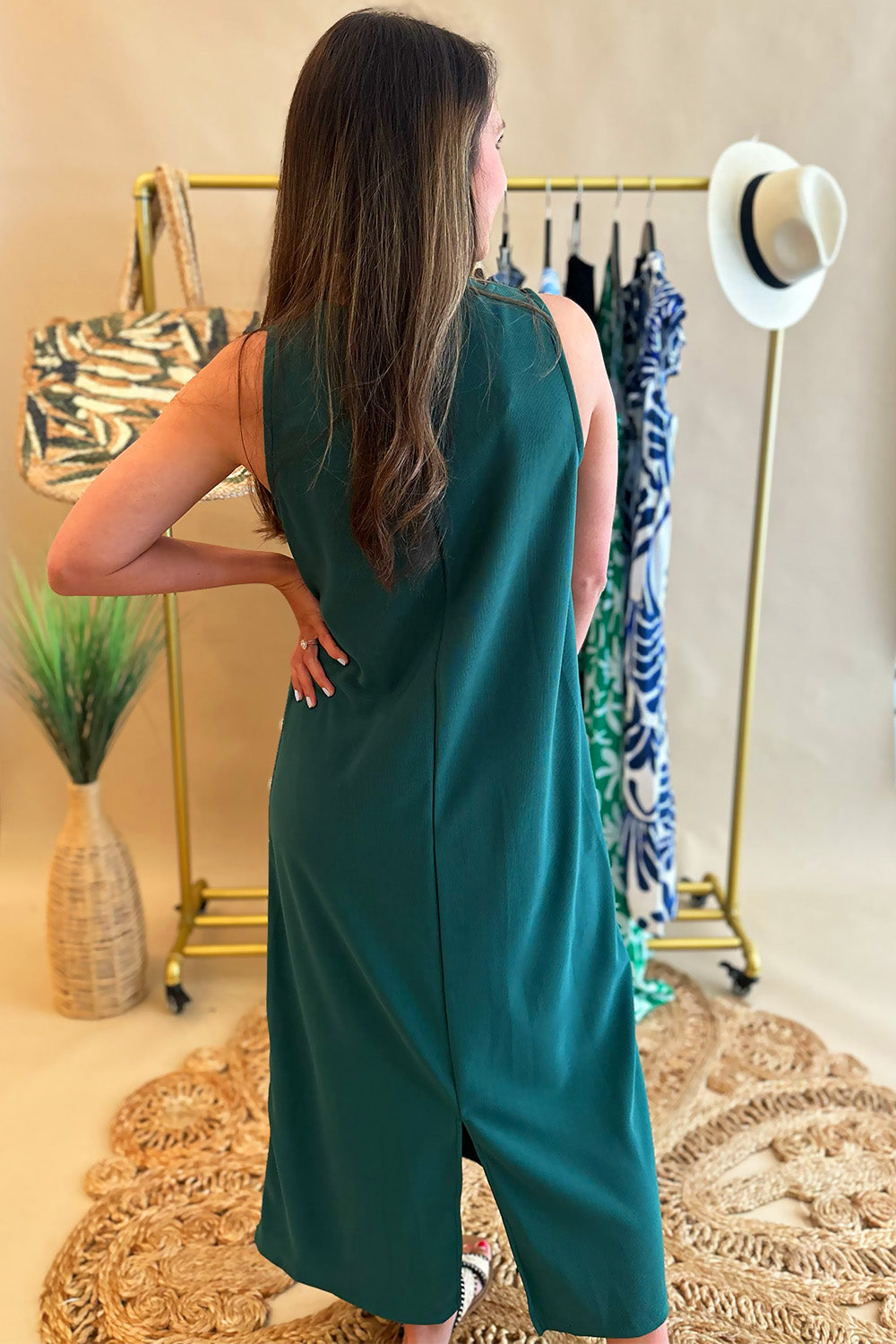 Gold Studded Sleeveless Midi Dress Green