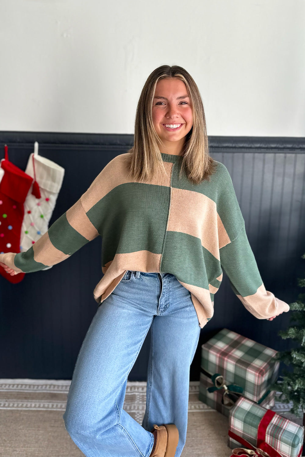 Mixed Stripe Green and Tan Sweater