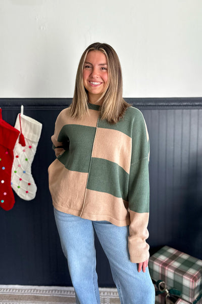 Mixed Stripe Green and Tan Sweater