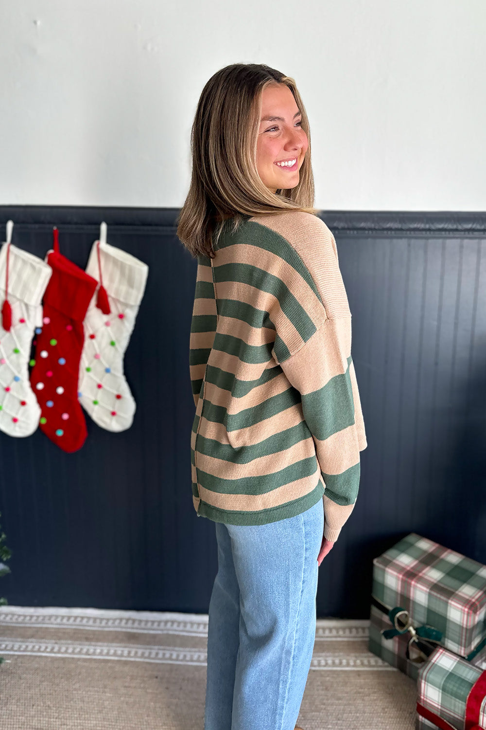 Mixed Stripe Green and Tan Sweater