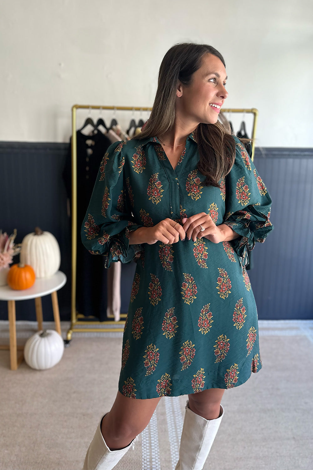 Green Floral Print Tie Puff Sleeve Dress