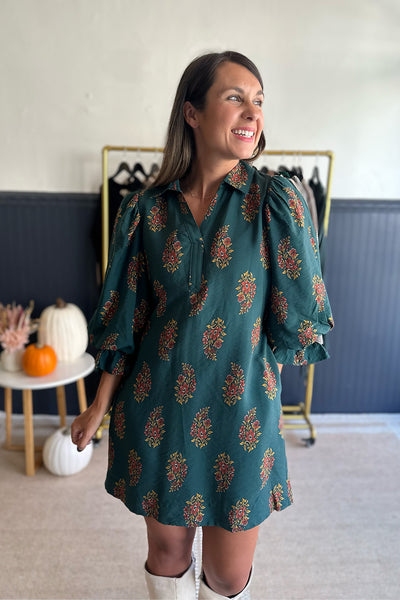 Green Floral Print Tie Puff Sleeve Dress