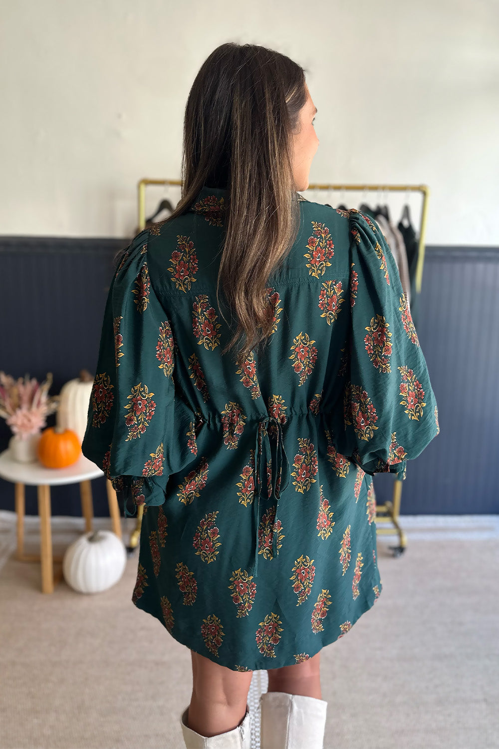Green Floral Print Tie Puff Sleeve Dress