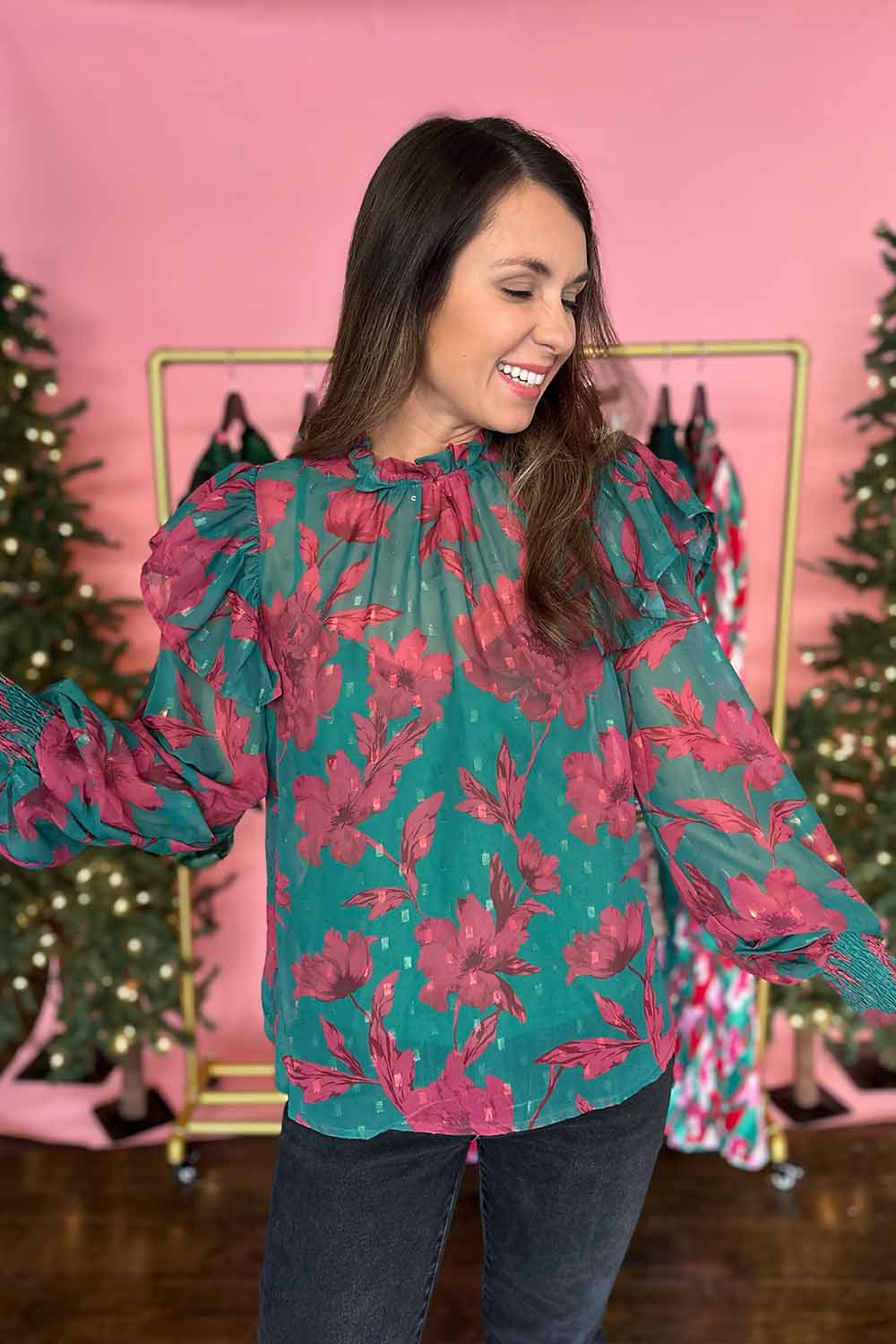 Green and Wine Floral High Neck Blouse