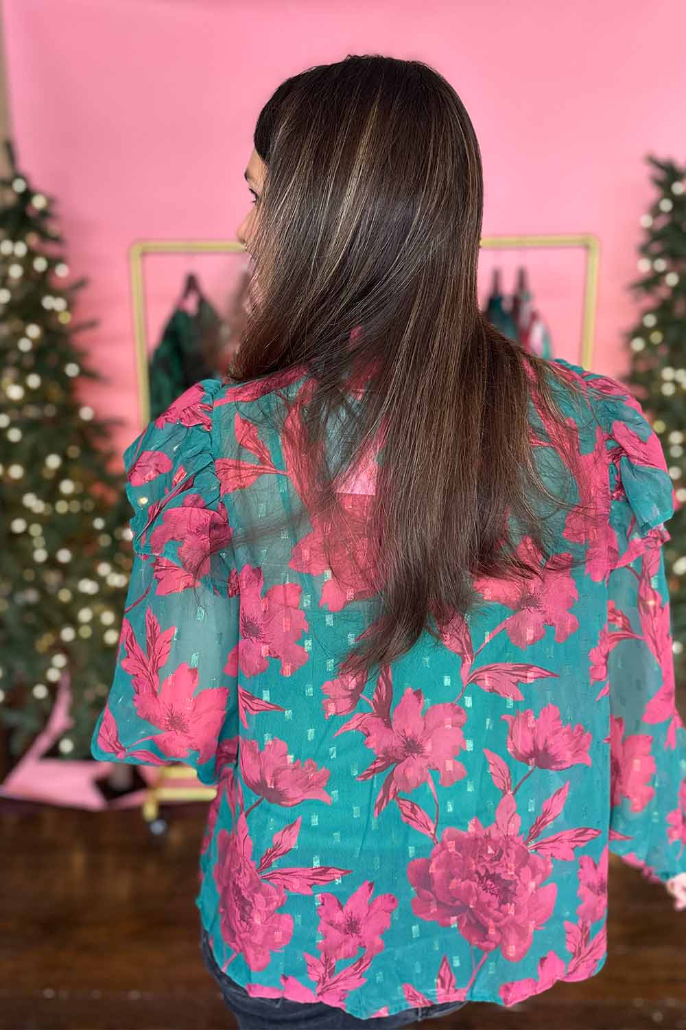 Green and Wine Floral High Neck Blouse