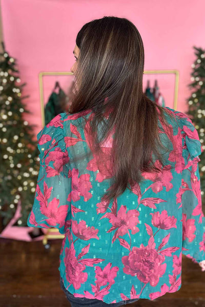 Green and Wine Floral High Neck Blouse