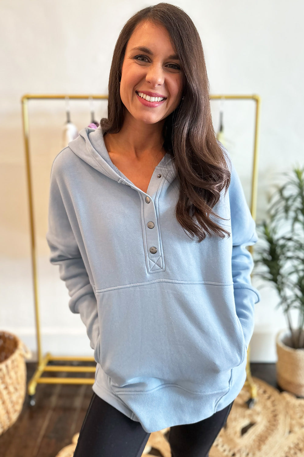 Half Button Fleece Hoodie Light Blue