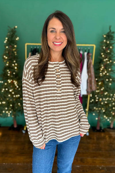 Striped Textured Henley Knit Top Tan