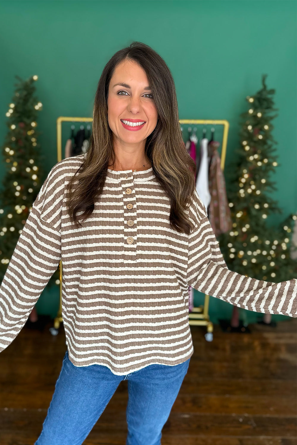 Striped Textured Henley Knit Top Tan