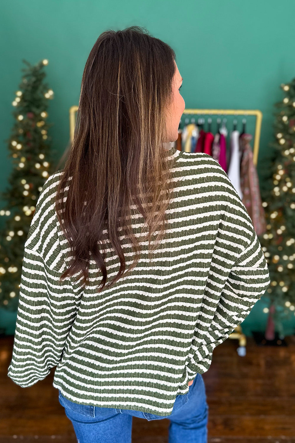 Striped Textured Henley Knit Top Green