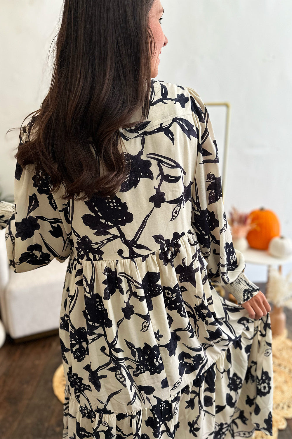 Cream and Black Floral LS Midi