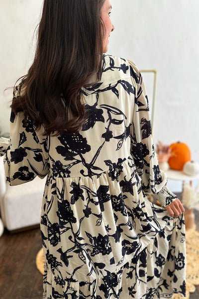 Cream and Black Floral LS Midi