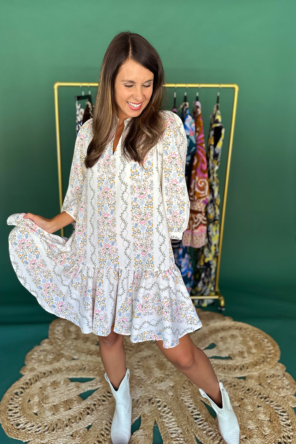 Ivory LS Floral Stripe Dress
