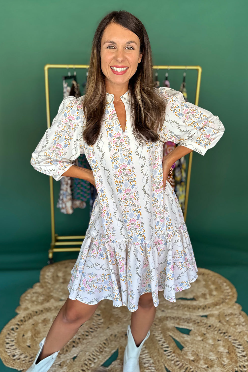 Ivory LS Floral Stripe Dress