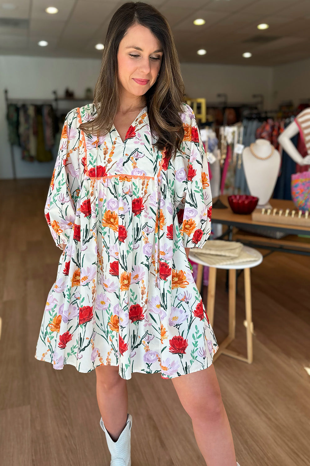 Orange and Red Floral Scallop Trim Dress