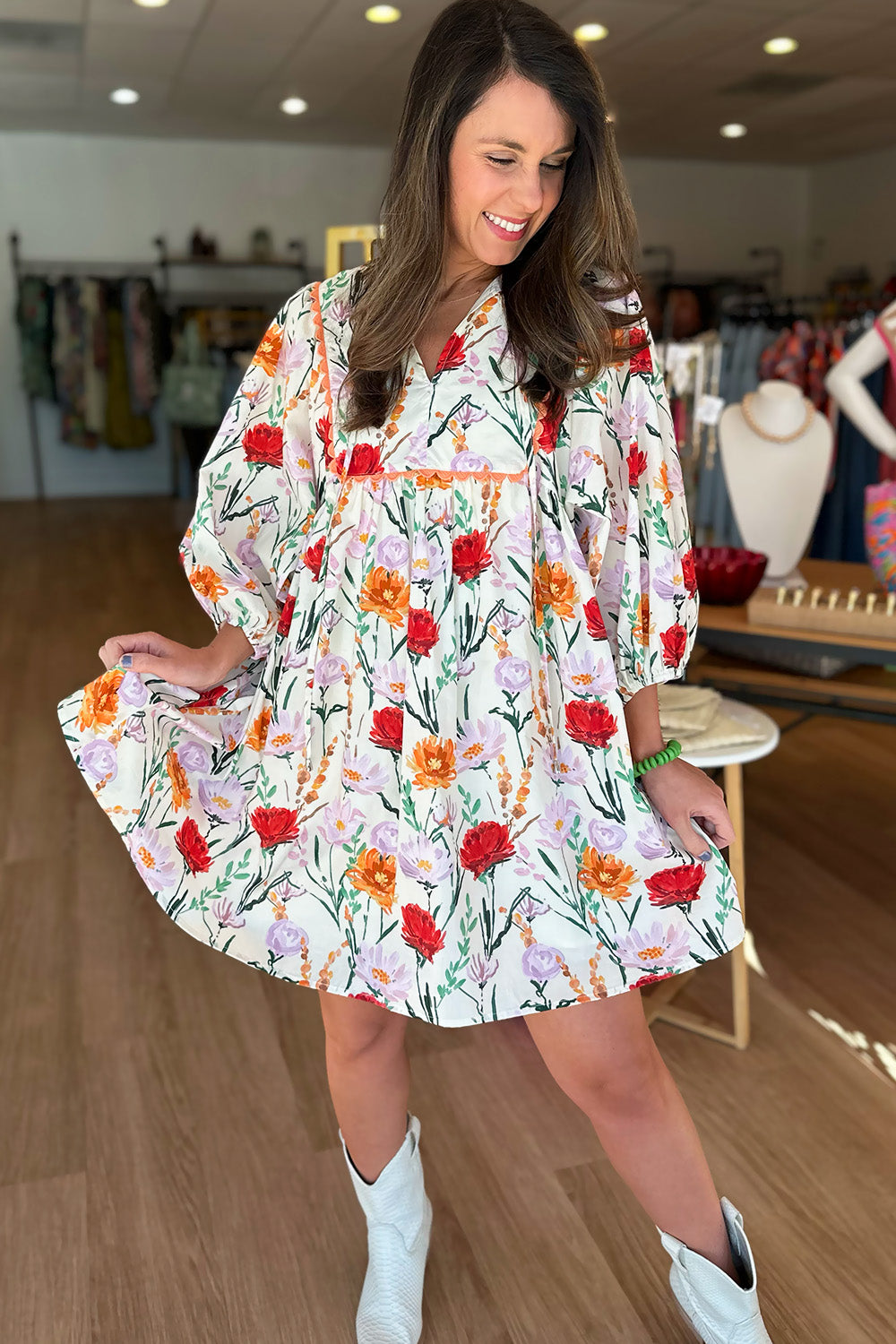 Orange and Red Floral Scallop Trim Dress