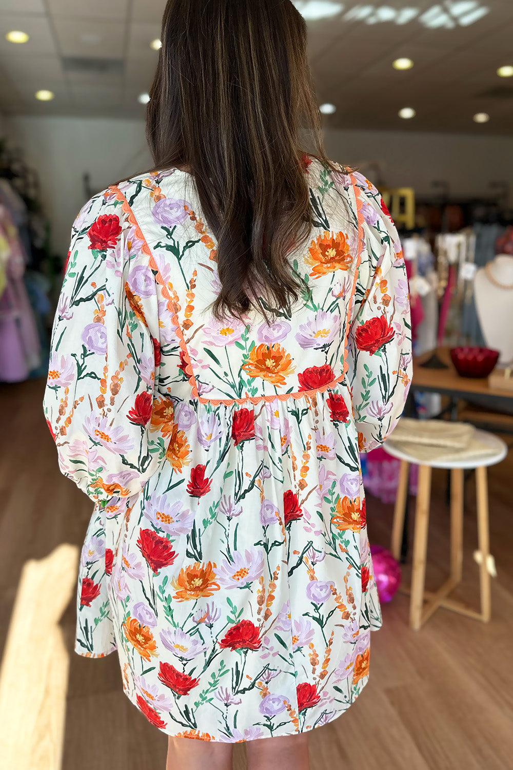 Orange and Red Floral Scallop Trim Dress