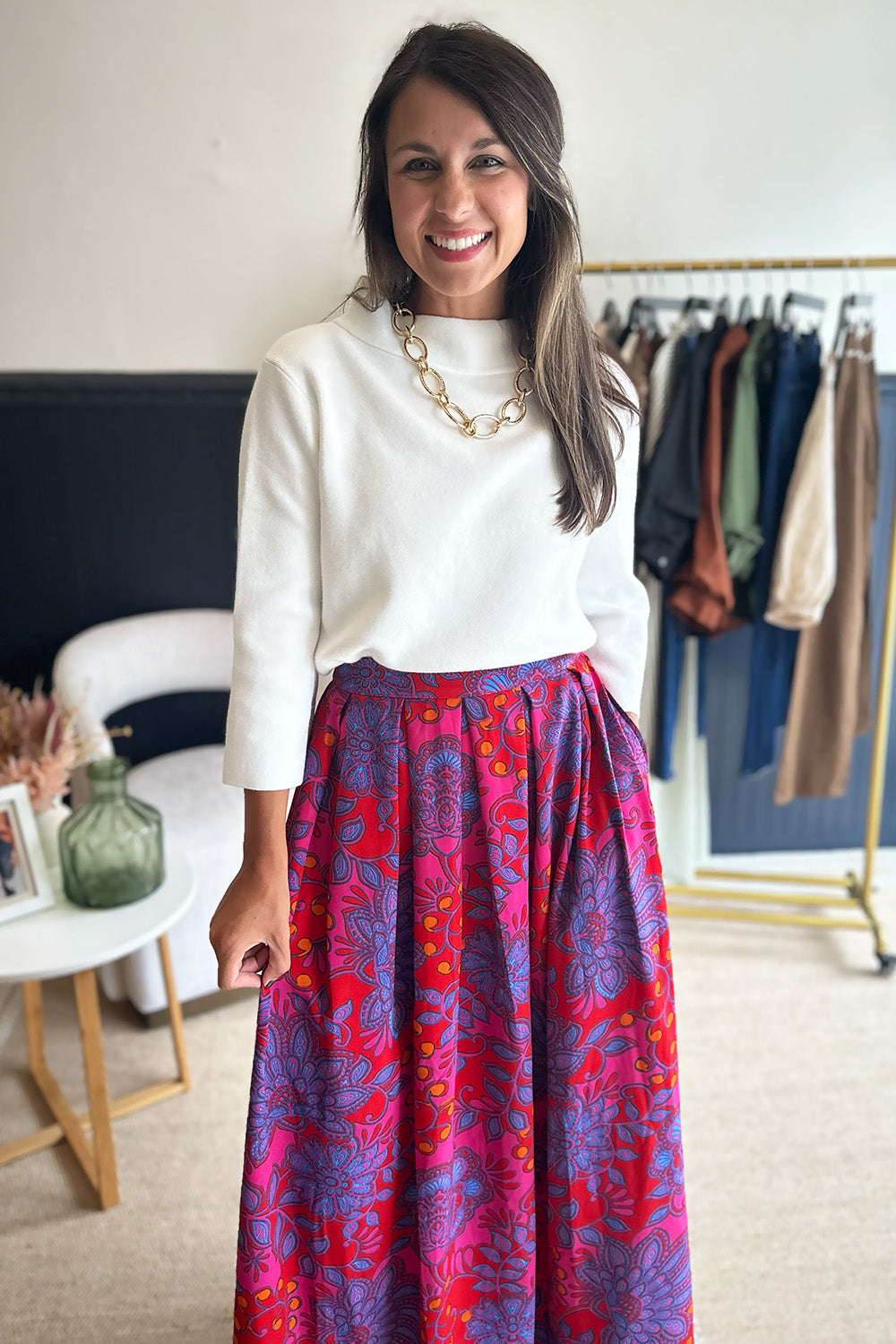 Dark Pink Printed Pleated Midi Skirt