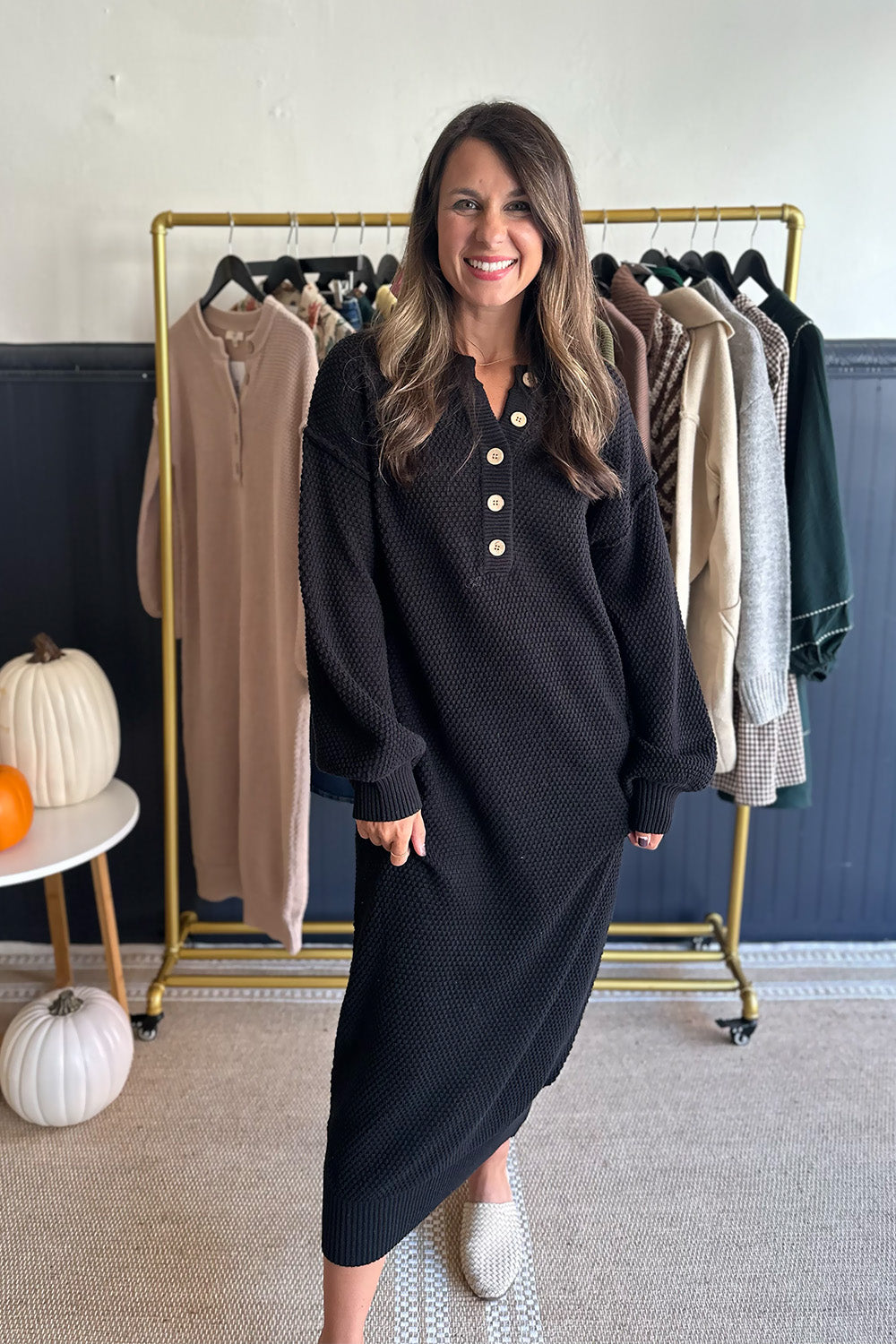 Button Down Knit Sweater Dress Black