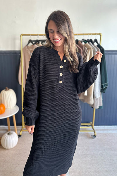 Button Down Knit Sweater Dress Black