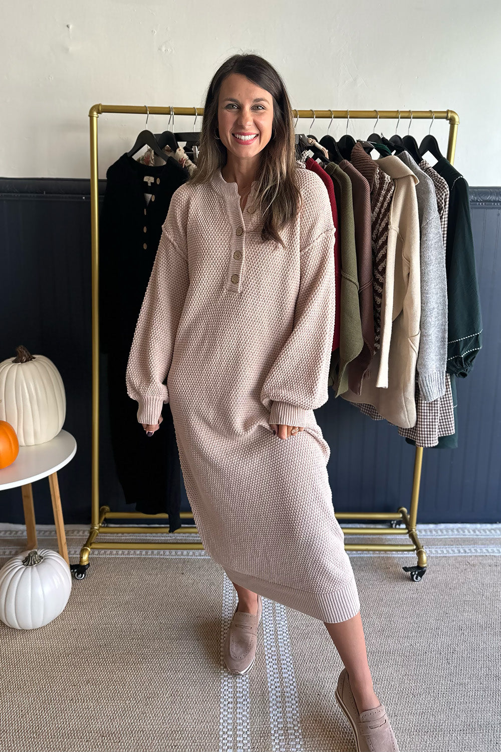 Button Down Knit Sweater Dress Taupe