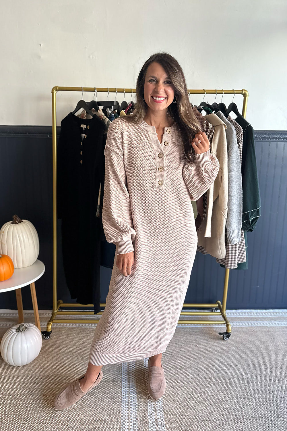 Button Down Knit Sweater Dress Taupe