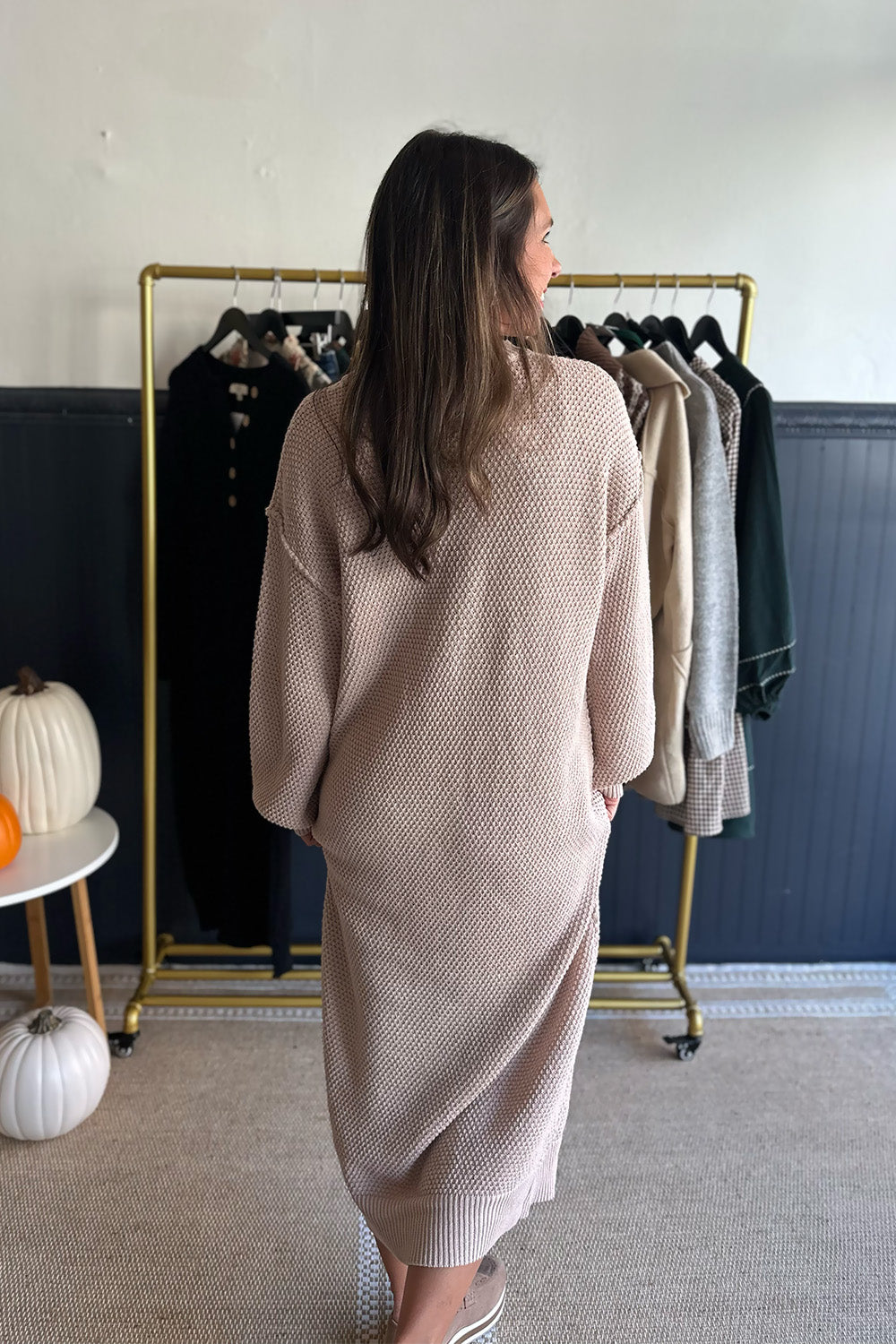 Button Down Knit Sweater Dress Taupe