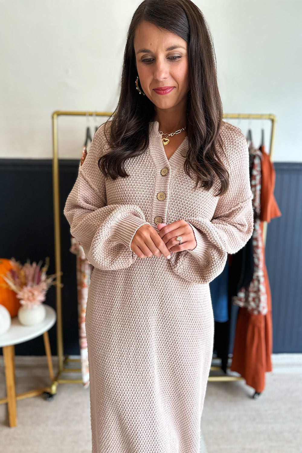 Knitted Button LS Midi Dress Taupe