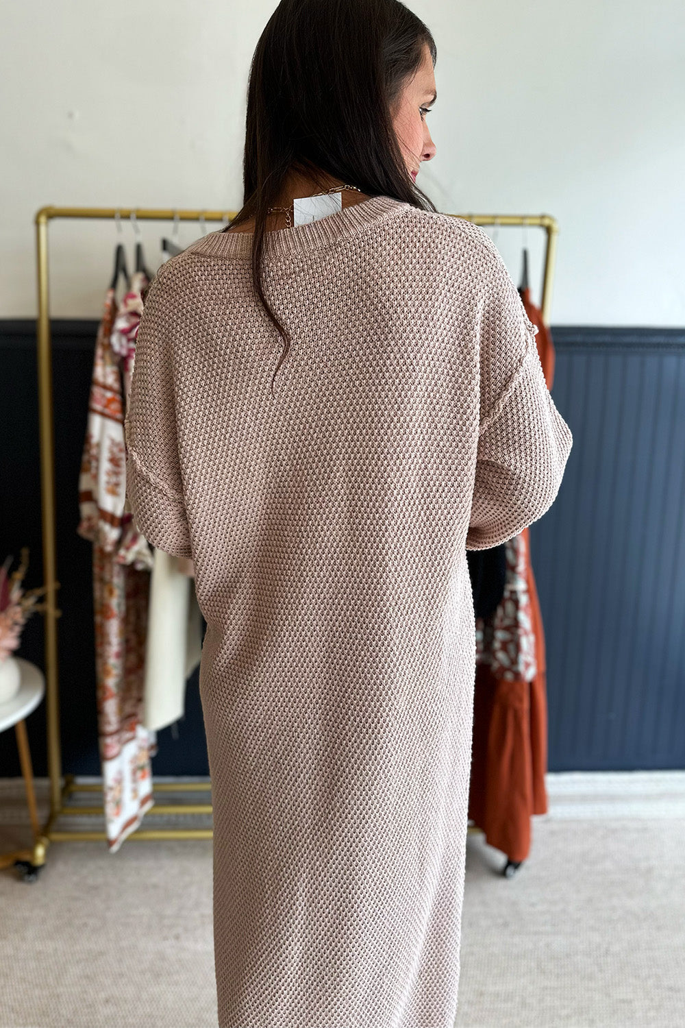 Knitted Button LS Midi Dress Taupe