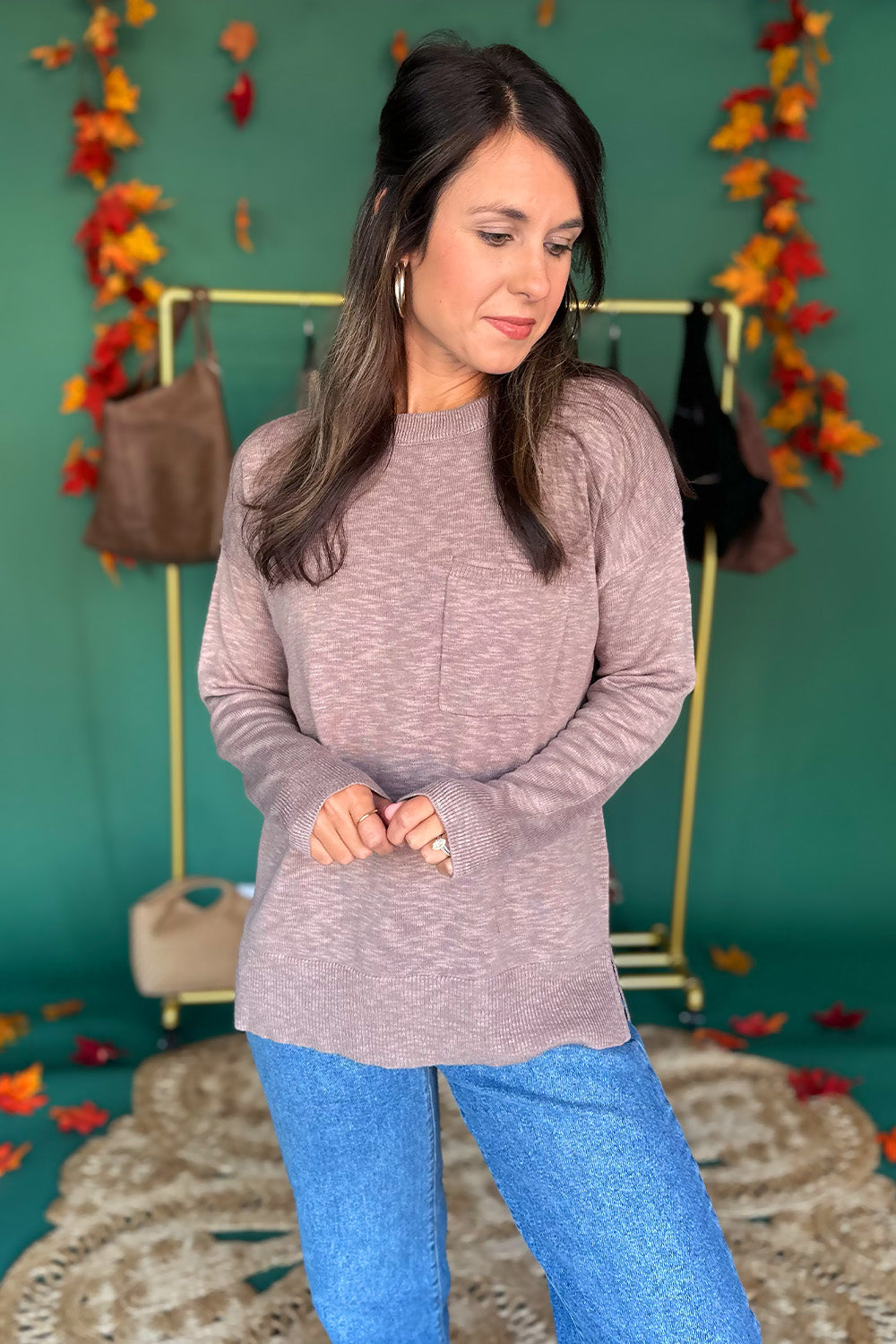 Drop Shoulder Pocket Knit Top Mocha