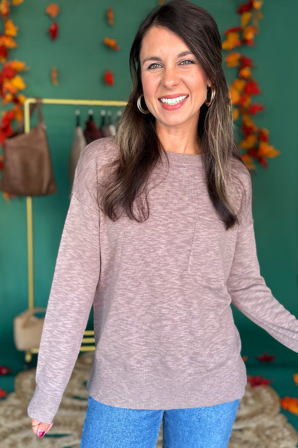 Drop Shoulder Pocket Knit Top Mocha