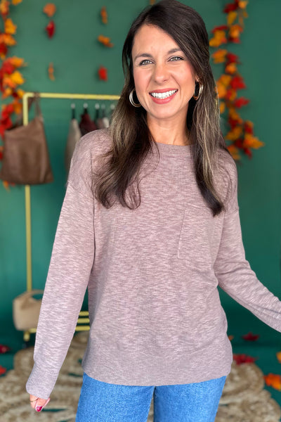 Drop Shoulder Pocket Knit Top Mocha