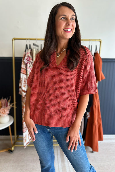 Knit SS Split Neck Sweater Rust