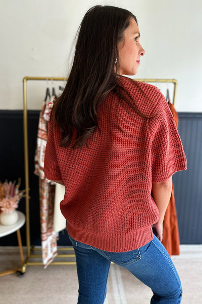 Knit SS Split Neck Sweater Rust