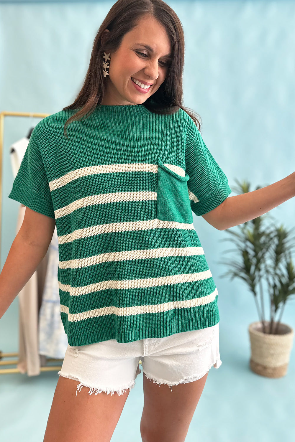 Striped Knit SS Pocket Top Green