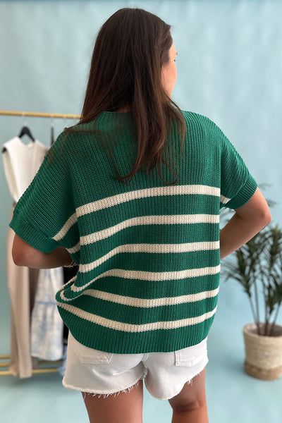 Striped Knit SS Pocket Top Green