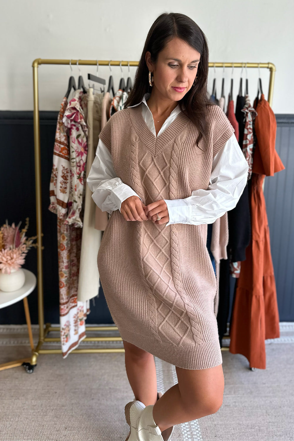 Layered Tan & White Shirt Dress