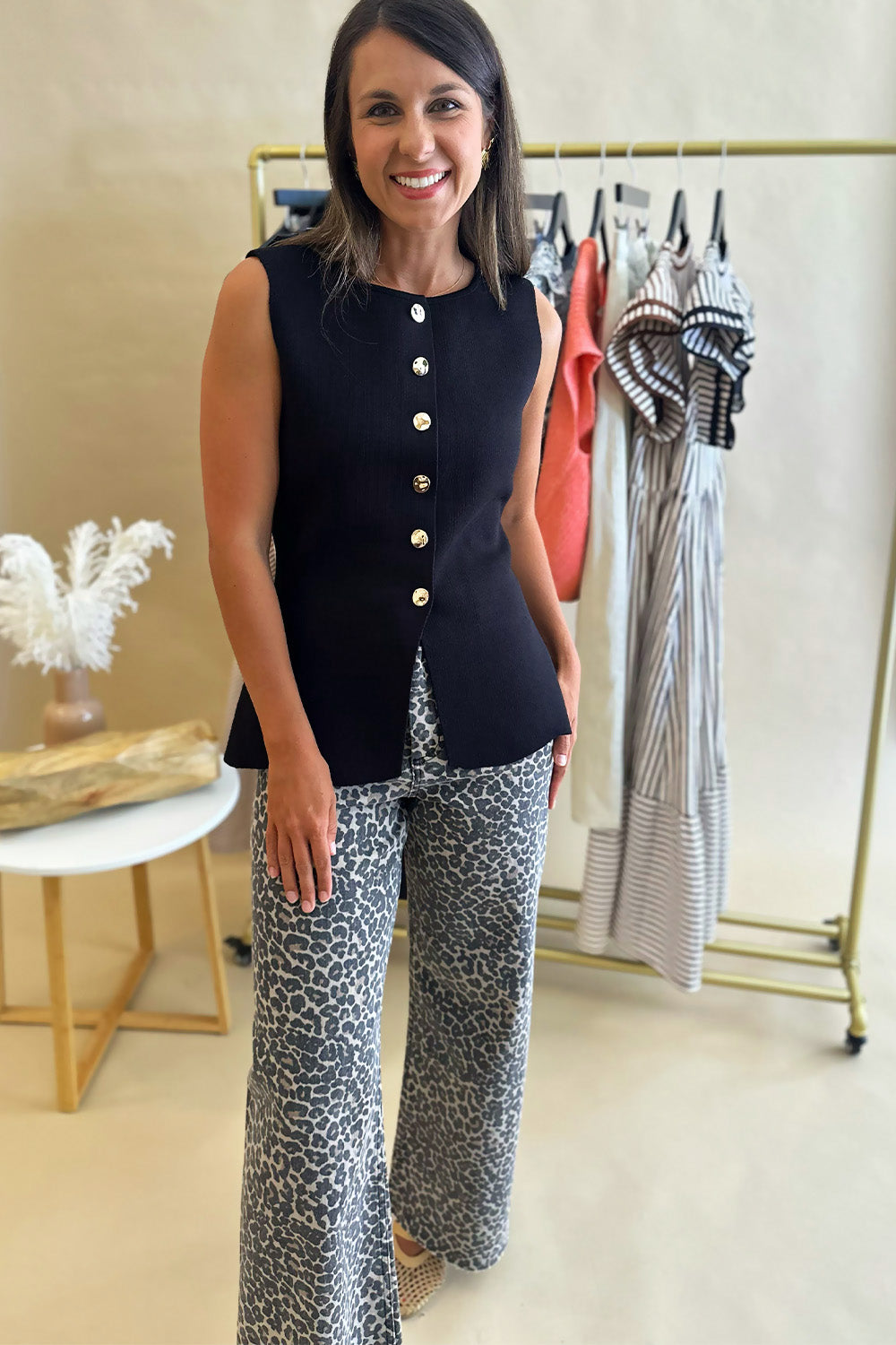 Gold Button Black Sleeveless Top